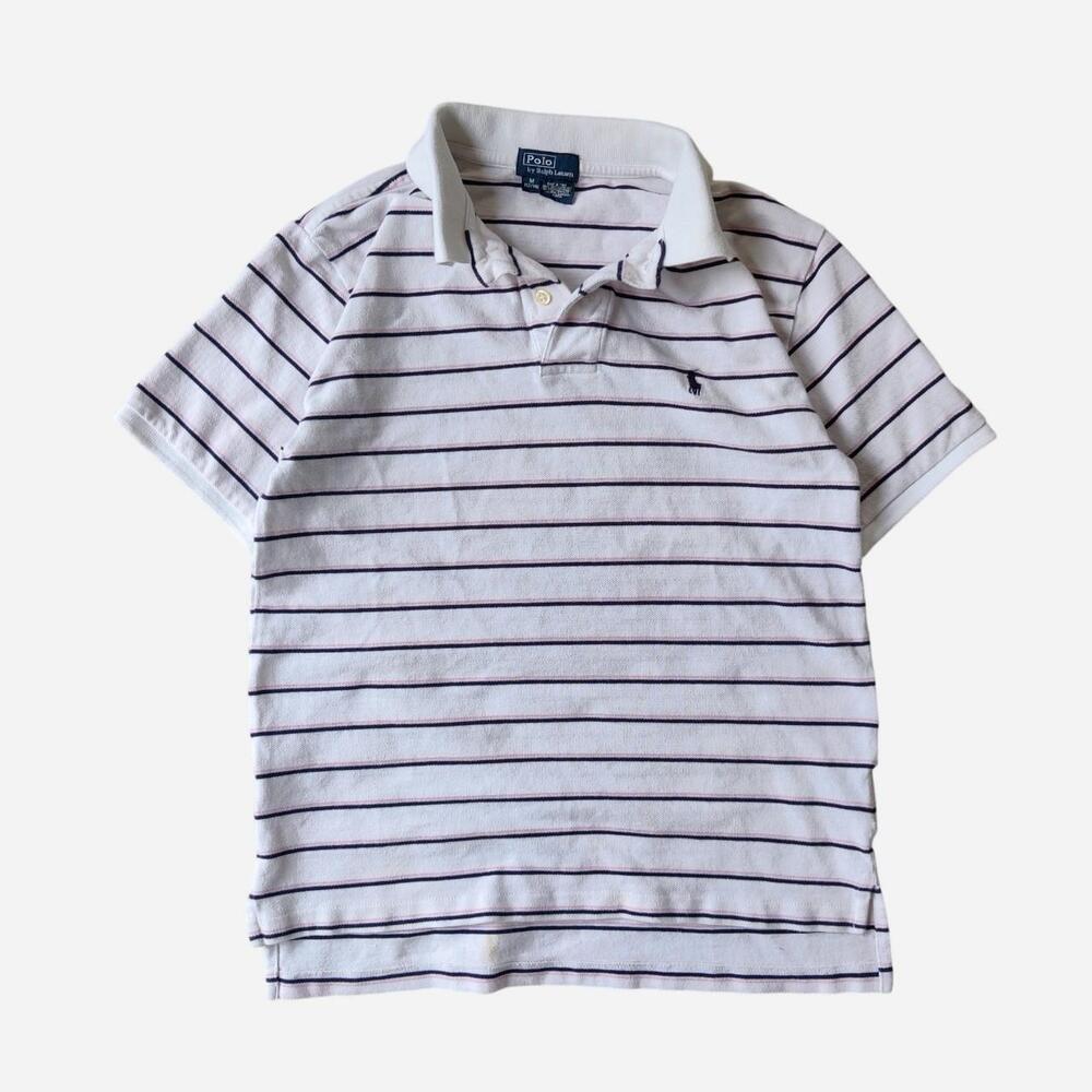 Vintage Polo Ralph Lauren white with black and pink horizontal striped cotton po